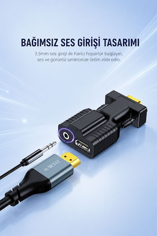 Hdmı - Vga Dönüştürücü Adaptör Kablo, 1080p Full Hd Görüntü Ve 3.5mm Ses Destekli Çevirici, Laptop Pc Oyun Konsolu Monitör Tv Projektör Uyumlu, Tak Çalıştır Z125
