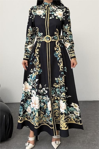Neşeli Butik Kadın Siyah Hakim Yaka Çiçek Desenli Maxi Boy Tasarım Elbise Nbms2653 Siyah