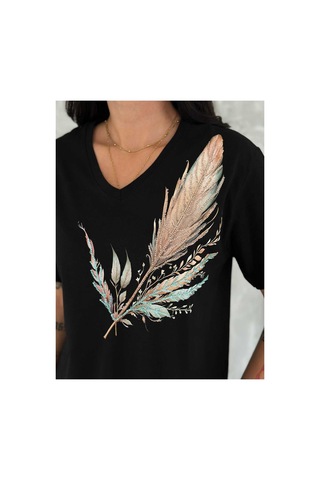 Cassime Kadın Büyük Beden Omzu Yaprak Pul Payet Nakışlı Tişört Xl-2xl-3xl Siyah