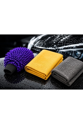 Muggio 3 Lü Profesyonel Oto Temizlik Seti Mikrofiber Eldiven + Güderi Bez + Tank Oto Bezi