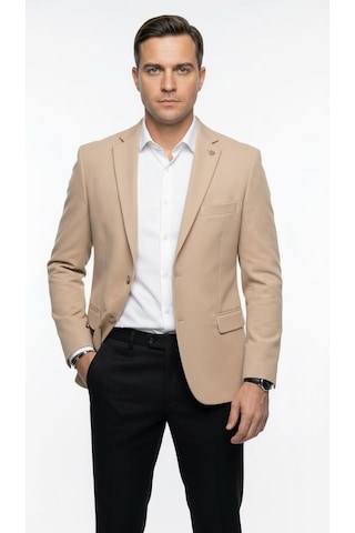 Plus Scorpion Erkek Slim Fit Ceket Likralı Fitilli Kumaş, Çift Düğmeli Tek Yırtmaçlı Modern Tasarım Krem