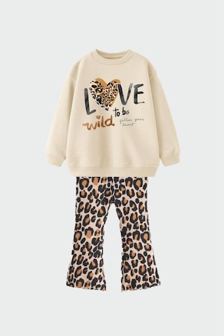 Lolliboomkids Kız Çocuk Love Leopar Baskılı İspanyol Paça Tayt Alt Üst Takım 3 İplik Taş