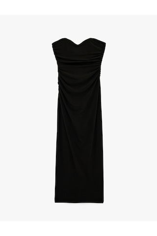 Koton Drapeli Kolsuz Slim Fit Bodycon Midi Straplez Abiye Elbise Siyah 6sak80067fk Siyah