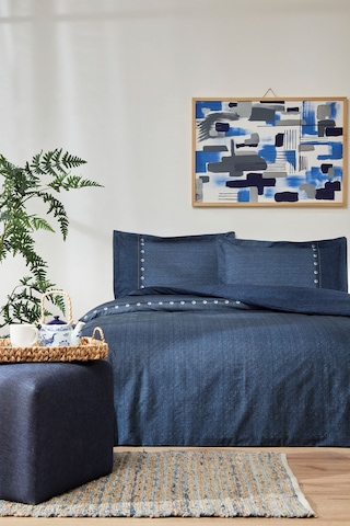 Oregon Çift Kişilik Lastikli Çarşaf Denim Nevresim Takımı Lacivert