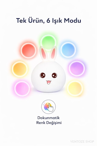 Dokunmatik Sevimli Tavşan Gece Lambası Şarjlı, Renk Değiştiren Silikon Çocuk Odası Masa Lambası