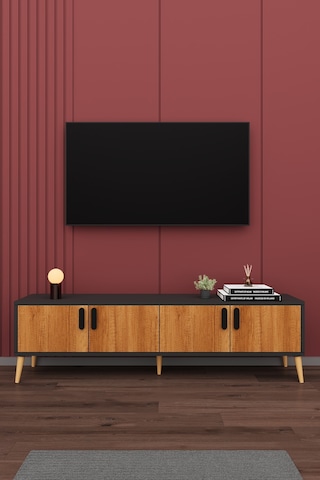 Asra Trend Tv Ünitesi T-05 %100 MDF 160 cm Tv Sehpası 4 Kapaklı Raflı Petra-Koyu Gri