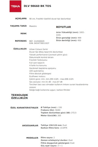 Teka DLV 98660 BK Duvar Tipi Davlumbaz 112930029