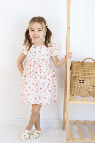 Esila Kids Kız Çocuk Elbise Bayramlık Elbise Çiçek Desenli Fiyonk Detaylı Büzgülü Kollu 3-6 Yaş Kırmızı
