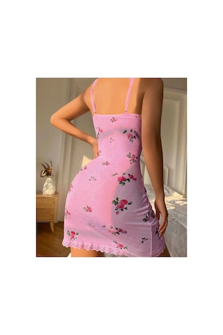 Lily Bianca Nightwear Çiçek Desenli Etek Kısmı Oval Dekolteli Ve Dantel Detaylı Penye Gecelik Pembe