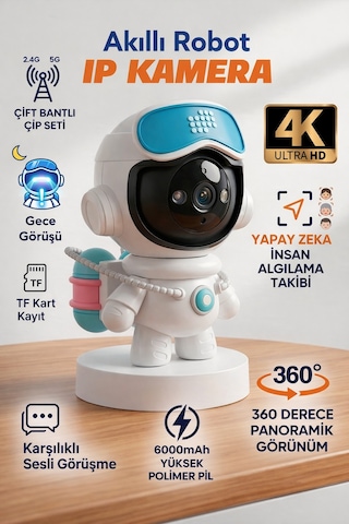 4k Akıllı Robot Kamera 360 Takip, Gece Görüşlü, Wifi Güvenlik