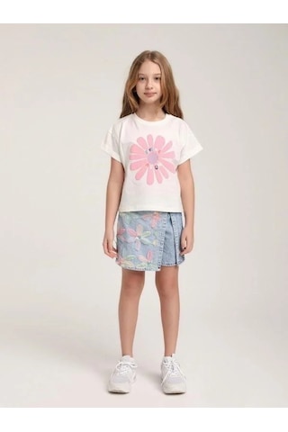Kız Çocuk Çiçek İşlemeli Tasarım Şort Etek-15579 Mavi