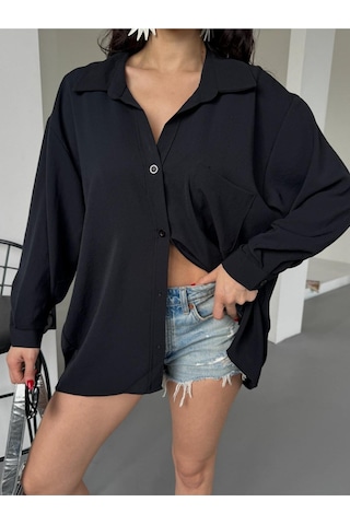 Paw Garage Kadın Flory Ayrobin Oversize Tek Cep Gömlek Siyah