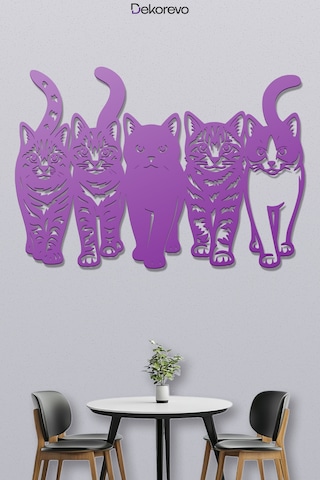 Kedi Çetesi Beşli Kedi Silüeti Metal Duvar Dekoru - Metal Duvar Sanatı - Mor - 30 X 20 Cm