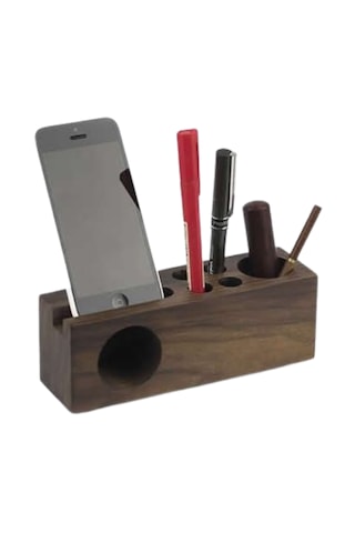 Ceviz Ahşap Telefon Standı, Kalemlik Ve Pasif Ses Yükseltici