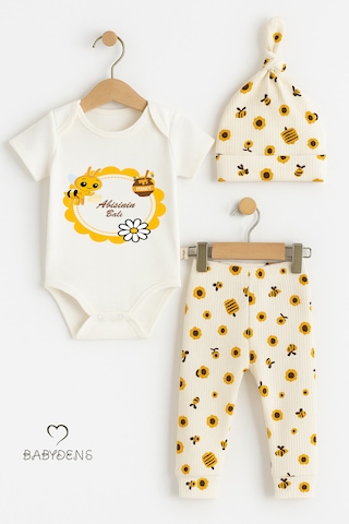 Babyden's Abisinin Balı Yazılı 3 Lü Bebek Takımı Kısa Kollu Çıtçıtlı Body, Arı Desenli Fitilli Pantolon, Bere Ekru