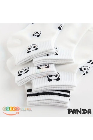5 Çift Beyaz Panda Desenli Yarım Kolej Kadın Çorap Seti Beyaz