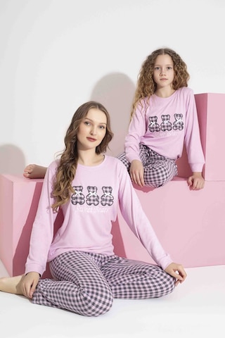 Aygebu Tarık Kadın Pembe Ayıcık Desen Anne Kız Kombin Termal Kışlık Sıcak Tutan Yumuşak Pijama Takımı