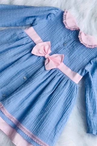 Dantel Ve Fiyonk Detaylı Mavi Pembe Kız Çocuk Bebek Bürümcük Pamuk Elbise 001