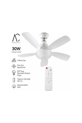 30w Kristal Camlı Tavan Vantilatörü E27 Duy Kumandalı 3 Renk Ayarlanabilir Led 52 Cm Beyaz