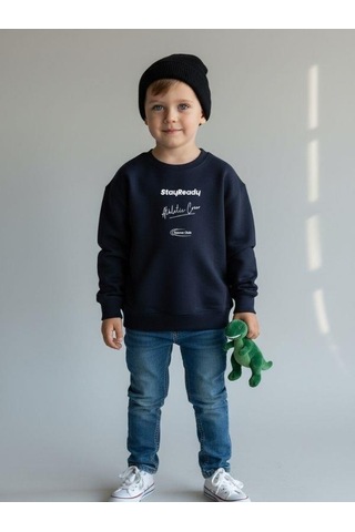 Zekids Erkek Çocuk Pamuklu Stay Yazılı İnce Uzun Kollu Sweatshirt-16334 Lacivert