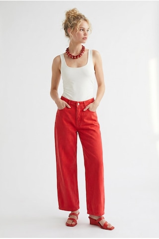 Mixray 2128 Kadın İnce Mevsimlik Yüksek Bel Wide Leg Denim Pantolon Kırmızı