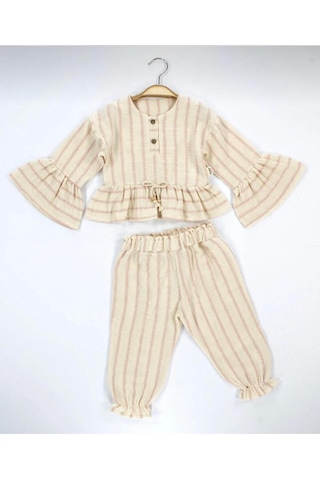 Babyhola Kız Bebek Çocuk Bayramlık Takım Volan Kollu Simli Müslin 2011 Somon