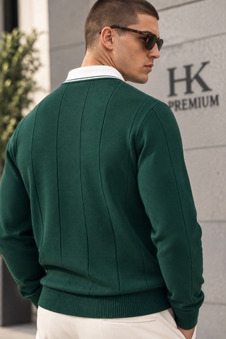 Hk Premium Erkek Polo Yaka Kontrast Çizgili Fitilli Triko Kazak Uzun Kollu, Dokulu Örme Kazak Yeşil