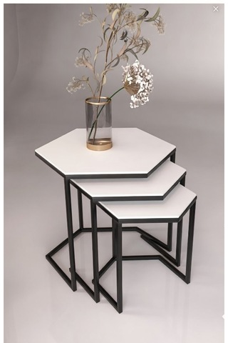 Usta Altıgen Siyah Metal Mdf Tablalı 3lü Zigon Sehpa Beyaz