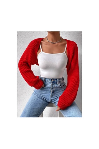 Moibody Triko Örgü Reglan Kol Bolero Hırka Kore Tarzı 4 Mevsim Kırmızı Kırmızı