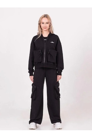 Kız Çocuk Pamuklu Fermuarlı Kapüşonlu Büyük Cepli Sweatshirt-13790 Siyah
