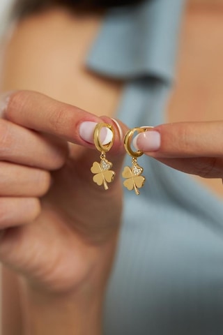 Zirkon Taşlı Gold Dört Yapraklı Yonca Halka Gümüş Küpe