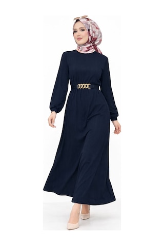 Hira Life Fashion Kadın Gold Zincir Kemer Detaylı Bisiklet Yaka Ve Tesettür Giyim Burgu Elbise Lacivert Lacivert