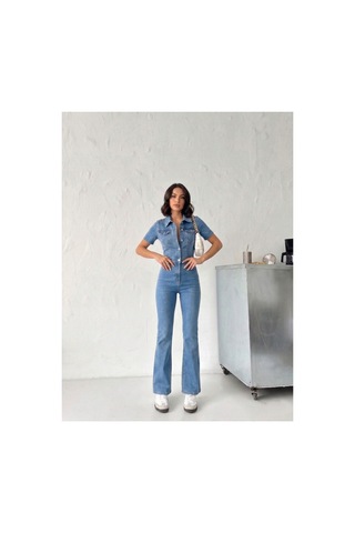 Kene Jeans Kısa Kol Buz Kar Likralı Denim İspanyol Paça Tulum Buz Kar