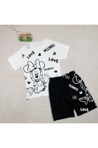 Momikon Kız Çocuk Minnie Mouse Baskılı Pamuklu Yazlık Takım Beyaz