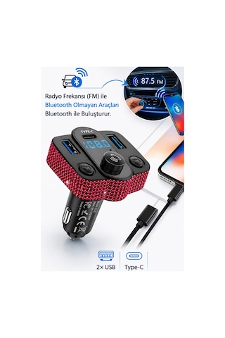 Araç İçi Kırmızı Kristal Taşlı Fm Transmitter Bluetooth Usb Type-c Oto Çakmaklık