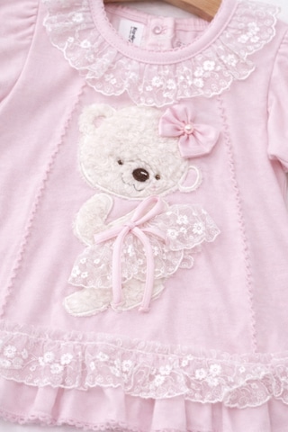Kardeşler Bebe Dantelli Ayıcıklı Kız Bebek Elbise Takım Saç Bantlı 3 Lü Set Pembe