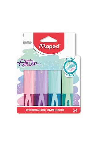 Maped Fosforlu Kalem Glitter Pastel Kesik Uçlu 1-5mm 4 Renk Fosforlu İşaretleme Kalemi Çok Renkli