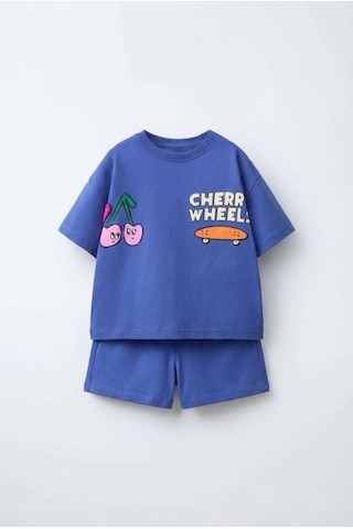 Magu Kız Çocuk Pamuklu Kiraz Ve Kaykay Baskılı T-shirt Şort Takım Mavi