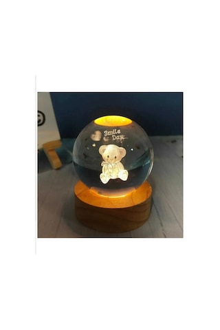 3d Kristal Cam Küre Ahşap Kaideli Gece Lambası - Ayıcık