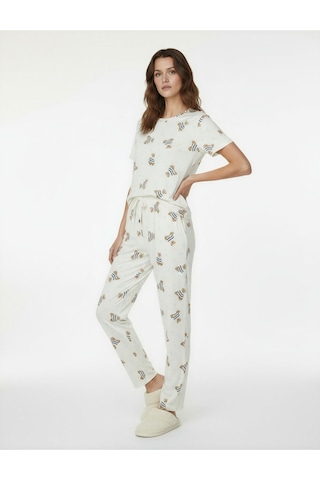 Koton Rahat Kalıp Kısa Kollu Bisiklet Yaka Ayıcık Baskılı Pijama Takımı Beyaz Desenli 6wlk40256mk