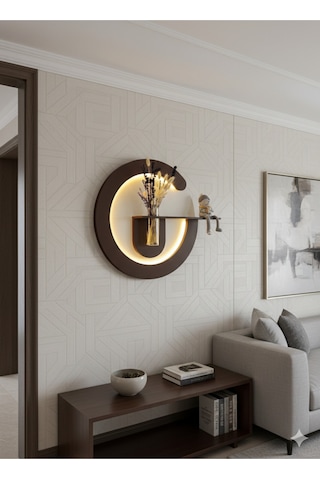 Primula Dekoratif Duvar Rafı Led Işıklı Ahşap İskandinav Tarzı Modern Salon Duvar Rafı Çiçeklik 50 Cm Paris Grisi - Ahşap Ceviz
