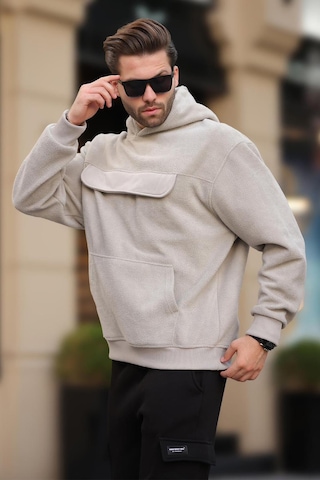Madmext Boyalı Gri Kapüşonlu Kapaklı Cep Detaylı Polar Erkek Sweatshirt 7097 Gri