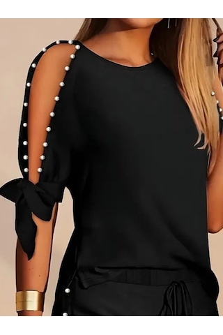 Kadın Kısa Kollu Bisiklet Yaka Yarı Açık Omuz Inci Detaylı Short T-shirt Viskon Ikili Takım Siyah