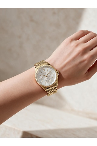Lee Cooper Altın Sarısı Çelik Bilezik 34 Mm Yuvarlak Kadın Kol Saati, Taşlı Bileklik Hediyeli Gold