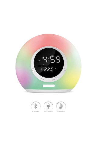 Thentech Gece Lambası Olarak Kullanılabilen Rgb Işıklı Saat Ve Bluetooth Hoparlör Güçlü Ve Kaliteli Ses Beyaz