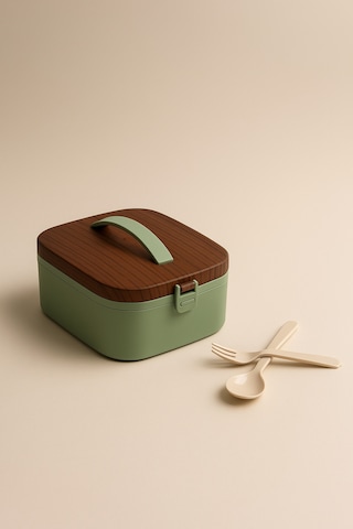 Lunchee - Çelik Bölmeli Sızdırmaz Ahşap Görünümlü Vakum Kapaklı Yemek Kabı Lunchbox 650 Ml Yeşil