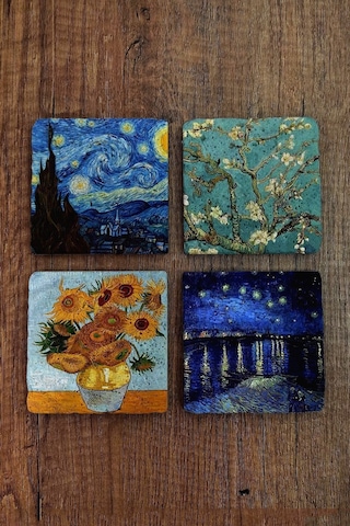 Doğal Taş Bardak Altlığı Vincent Van Gogh Eserleri Baskılı 4'lü Set - Stone Coasters Çok Renkli