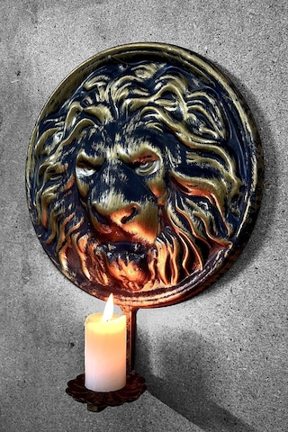 Aju Metal Aslan Figürlü Dekoratif Duvar Şamdan Mumluk - Siyah Ve Gold Eskitme Tasarım, Şık Ve Asil Dekor Siyah