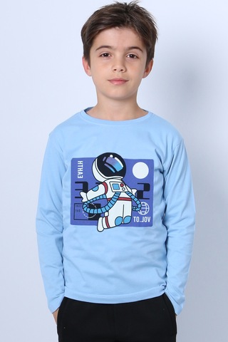 Hçm Erkek Çocuk Uzun Kollu Tshirt Astronot Baskılı Bisiklet Yaka B40 Açık Mavi