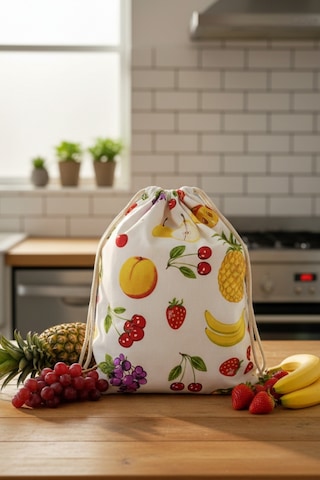 Mislina Home Organik Pamuk Meyve Desenli Çok Amaçlı Bez Çanta Ekmek - Market - Oyuncak -poşetlik Torbası 35x40 Çok Renkli